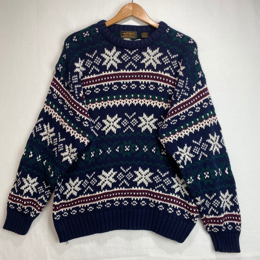 VTG Eddie Bauer Mens Large Cotton Fair Isle Snowflake Sweater Navy Blue Crewneck